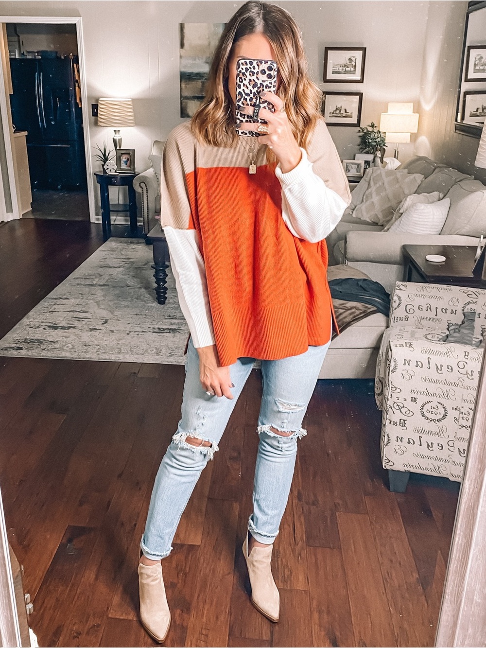 NWT Merokeety Colorblock Crew Neck Sweater - Beige, Orange & White, size small